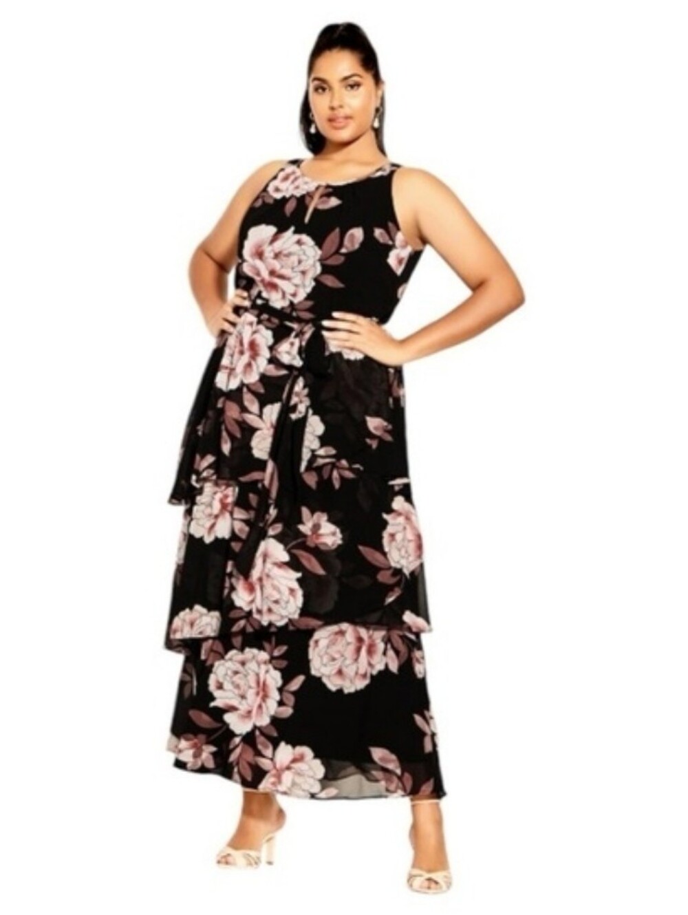 City Chic Imperial Bloom Pink & Black Floral Maxi Dress With Pink Shrug
